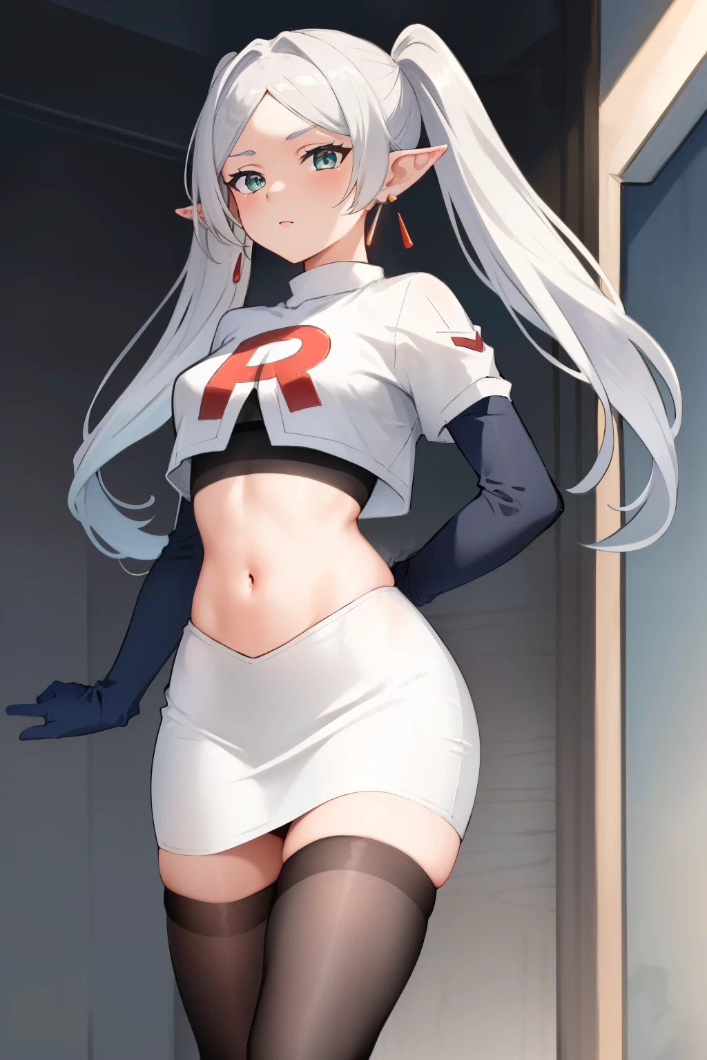 (masterpiece, best quality), intricate details,
1girl, frieren, long hair, pointy ears, jewelry, earrings, twintails, parted bangs, team rocket,team rocket uniform,white skirt,crop top,black thigh-highs,black elbow gloves,