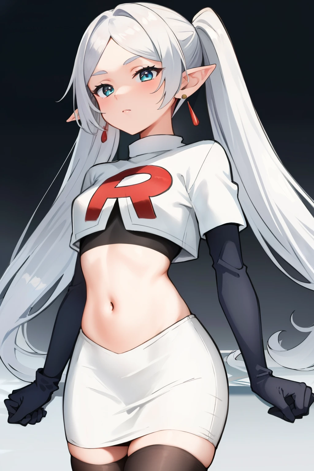 (masterpiece, best quality), intricate details,
1girl, frieren, long hair, pointy ears, jewelry, earrings, twintails, parted bangs, team rocket,team rocket uniform,white skirt,crop top,black thigh-highs,black elbow gloves,