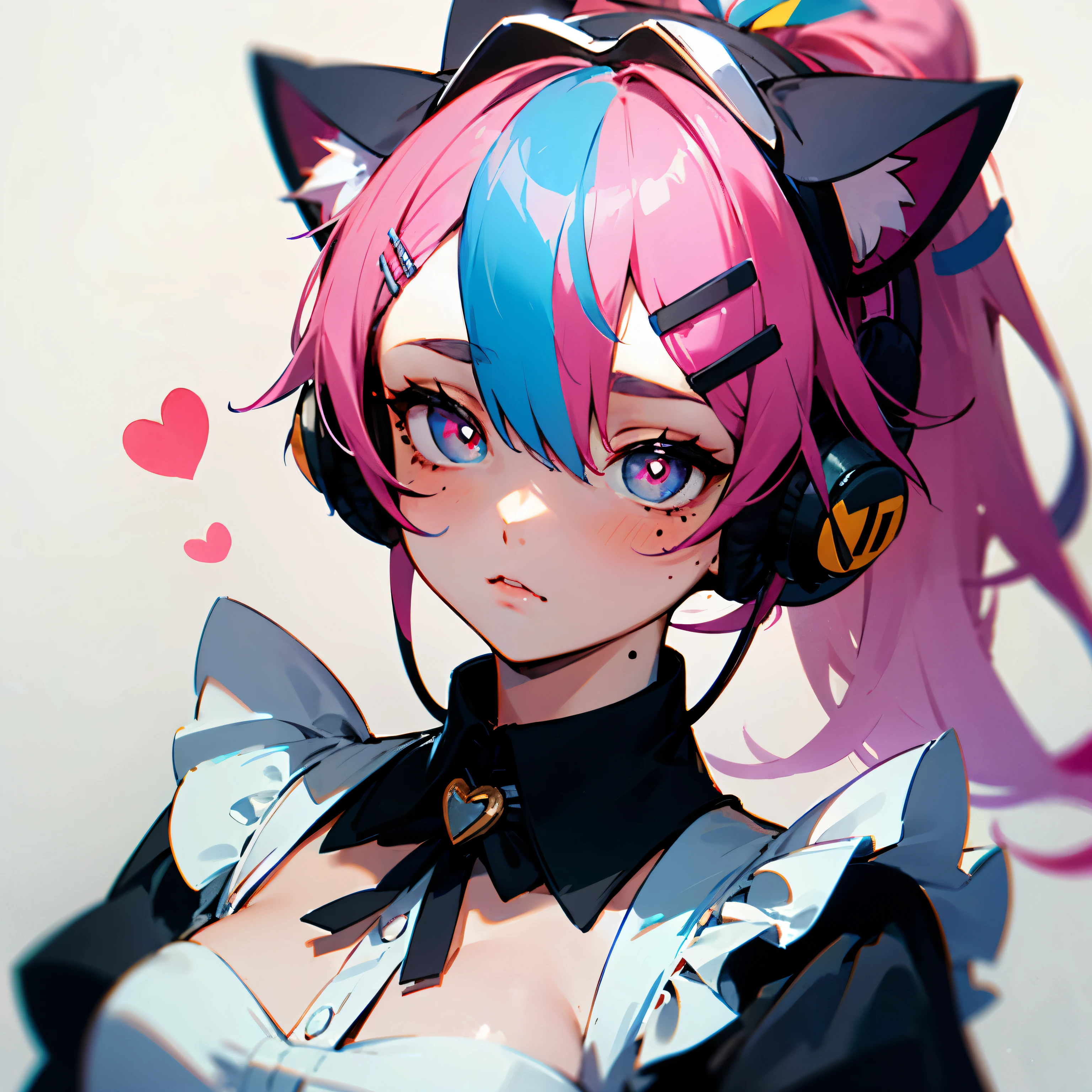 rainbow hair, ponytail, hairclip, hair ribbon, hair bow, maid headdress, goggles, mole under eye, heart-shaped pupils, cat ear headphones, bored