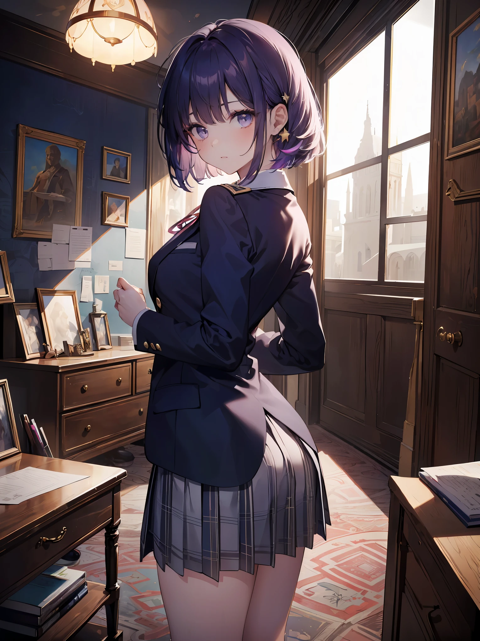 (Absurdity: 1.4), (Superb quality work by the Creator God: 1.4), (Absolute resolution: 1.4), (Highest masterpiece by the God of Arts and Sciences: 1.4), Surrealistic work, (Complex, meticulously detailed and realistic materials and textures and light sources: 1.3), (Perfect anatomy: 1.2), (Overwhelmingly ridiculous absurdity in the creation of the universe (1.3),
BREAK.
(((cute)):1.3), illustration featuring a girl. She is wearing a uniform from a well-known school where blazers are popular, with a deep gray blazer, white piping, and a fresh blue checked skirt. She is drawn to evoke realistic fabrics and textures, and the buttons and ribbons on her blazer and the pleats on her skirt are ultra-detailed.
BREAK
looking at the viewer, ((perfect pixels, 8K wallpaper)), one girl, single, immensely beautiful, born actress genius,
Aphrodite's reincarnated appearance as a goddess of beauty, immense beauty, Ultra-detailed skin, super exquisite skin,
BREAK
pink kawaii room , pink gothic room, messy room, Marchen, macarons, Candy, heart item, ribbon,star item, small window, (Miscellaneous goods are placed in a mess:1.3),dresser, antimacassar ,
BREAK
(Pose that seduces a man: 1.3), (fascinating genius:1.5), (best lighting by famous artists: 1.2), 8K, ((acting instruction of captivating poses by famous masters: 1.6)), ((thighs spread to the left and right: 1.15)),
((deep depth of field:1.5)), Particle-like fantastic light source, Background blur, Head tilted, Observing from behind Looking at someone, Looking back, Flexible torso,
BREAK
, one-length bob, create bangs, add some lightness to the area around the face, and leave the ends of the hair thick throughout. dark blue-purple hair