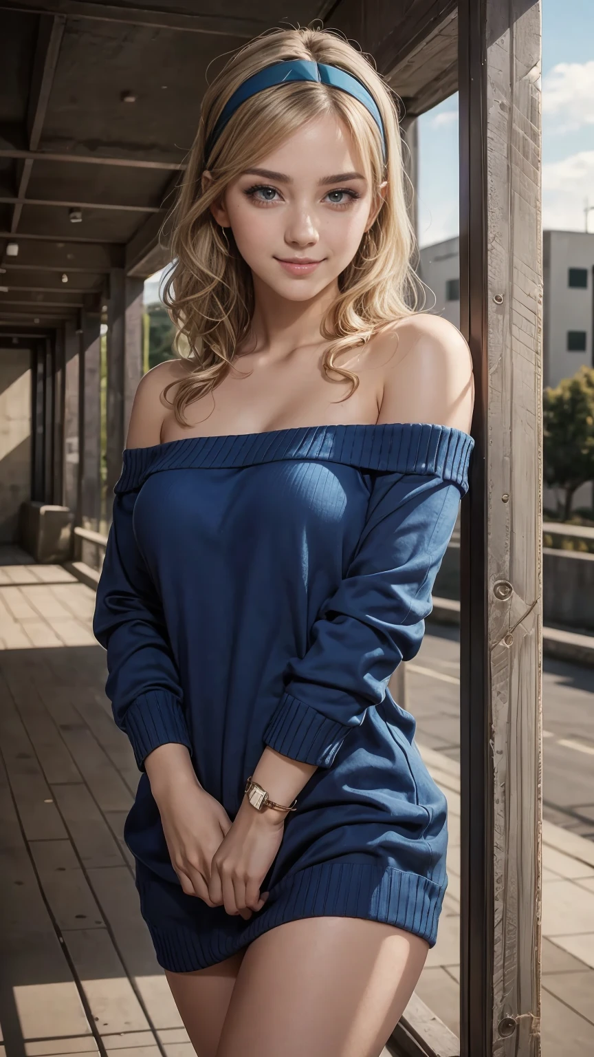 25 year old woman、Hair color is a gradient color、Eye color is blue、semi-long、hair is wavy、I&#39;m wearing eyeshadow and lipstick、I&#39;m wearing a headband、accessories on wrist、Slender but well-proportioned muscular body、Off-the-shoulder sweater dresses are coming、smile、looking at the camera、surrounded by high concrete walls、looking at the camera、smile、I&#39;m in a room with concrete walls.