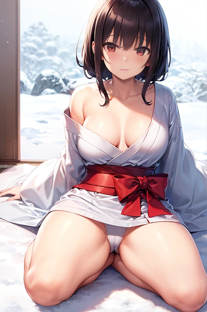 (((highest quality, High resolution, Like Japan cartoons))) , (Blizzard,snow scene),red eyes, 1 girl, alone, looking at the viewer, black hair, medium breasts, closed mouth, clavicle, broken kimono,white kimono, thighs,Two-dimensional beautiful girl,Japan anime beautiful girl