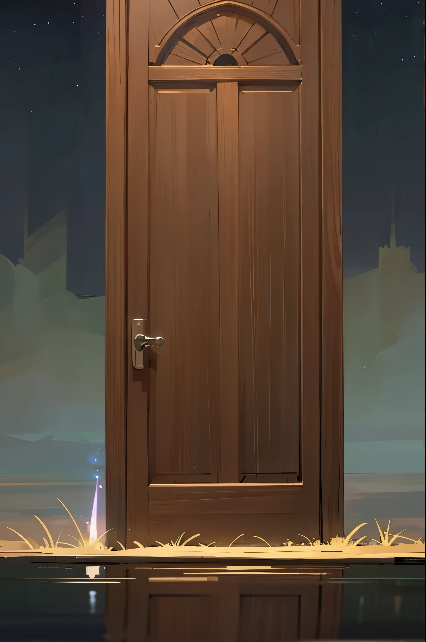 an oak door standing alone in the middle of the dark night sky, reflection of the night sky on the ground as if the ground is a calm water surface with no disturbances.