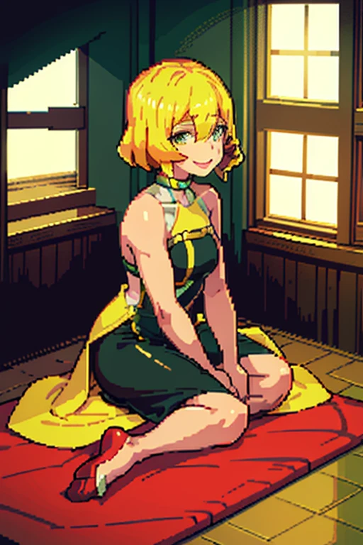 pixel, pixel art, 1girl, blond hair, sitting down on floor, body, smile, cozy,