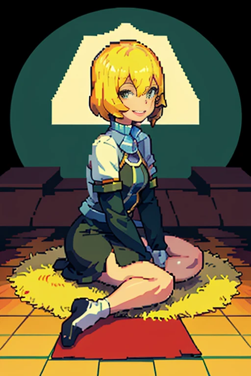 pixel, pixel art, 1girl, blond hair, sitting down on floor, body, smile, cozy,