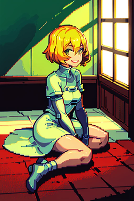 pixel, pixel art, 1girl, blond hair, sitting down on floor, body, smile, cozy,