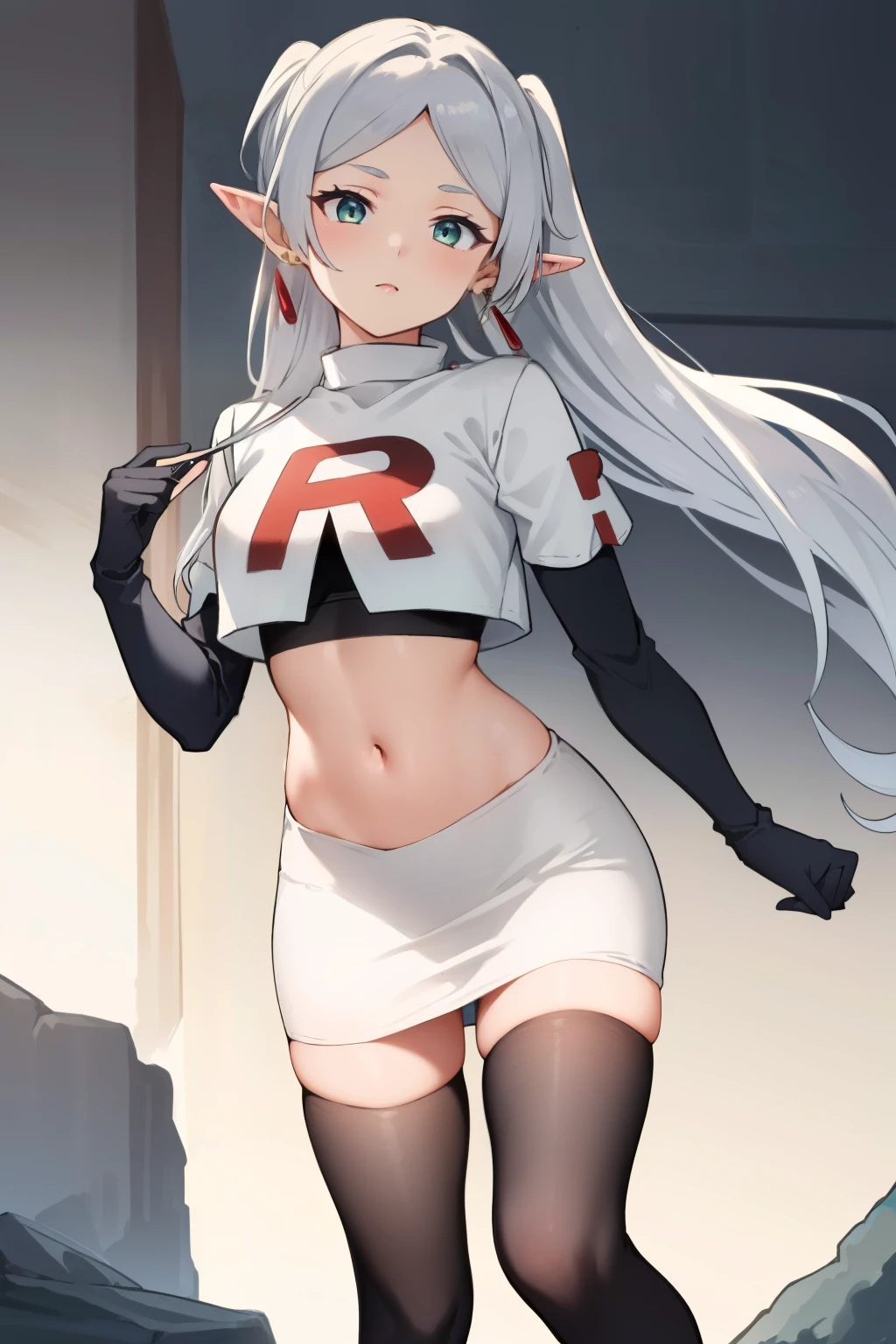 (masterpiece, best quality), intricate details,
1girl, frieren, long hair, pointy ears, jewelry, earrings, twintails, parted bangs, team rocket,team rocket uniform,white skirt,crop top,black thigh-highs,black elbow gloves,