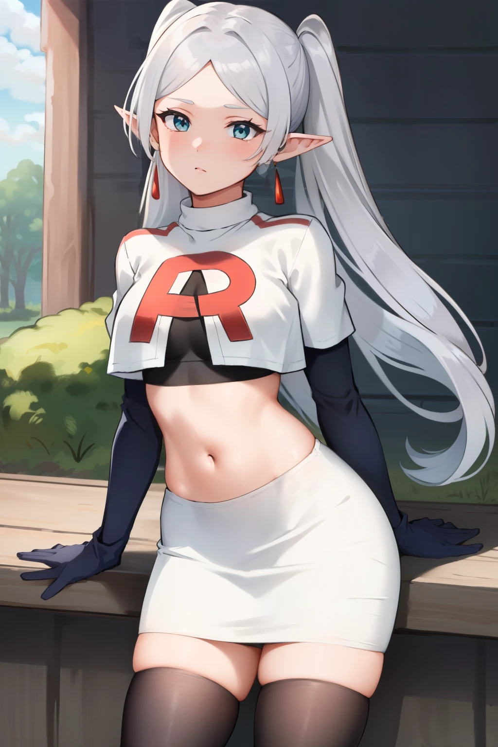 (masterpiece, best quality),  intricate details,
1girl,     frieren, long hair, pointy ears, jewelry, earrings, twintails, parted bangs, team rocket,team rocket uniform,white skirt,crop top,black thigh-highs,black elbow gloves,