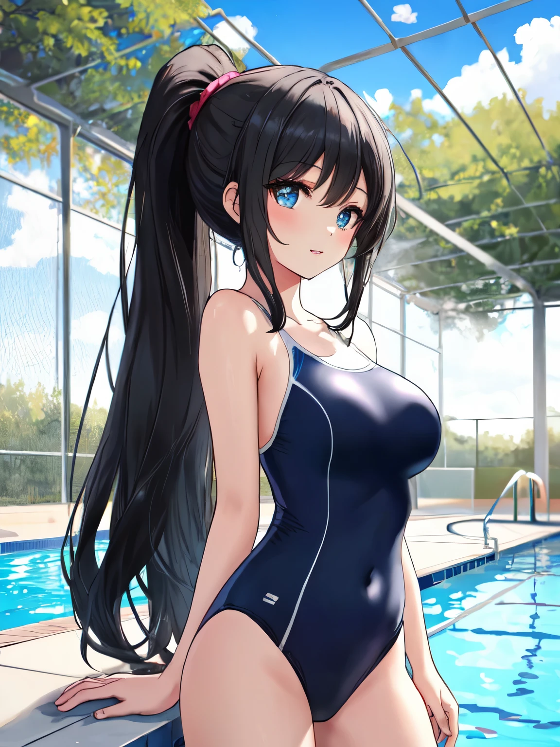 8k, (ultra-detailed:1.3, master piece:1.3, best quality:1.3, high resolution:1.3), (correct background), correct hand, cowboy shot, (no hat:1.3), 18year old, High school students, 1 girl, beautiful face, large and beautiful breasts, (slim waist), Blue eyes, eyes in highlight, catch light eyes, specular highlight eyes, BREAK (long hair, black hair:1.3), chuckle, BREAK standing, Laugh, BREAK (school, Poolside), (black school swimsuit), high ponytail,