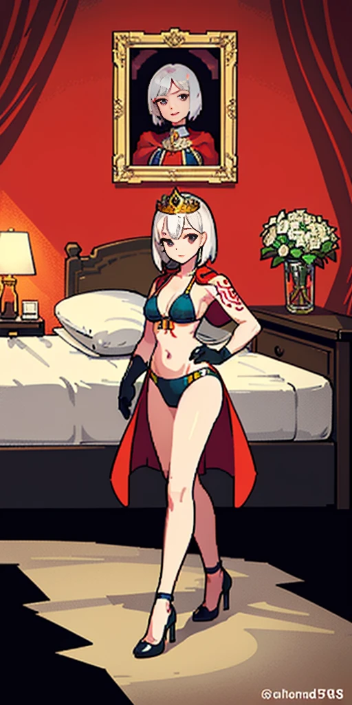 full body female (Warhammer Art Style, Adepta Sororitas, Battle Sister, White hair, bob haircut with bangs. 16k ultra hd, portrait), holding hands a bouquet (both hands) photorealistic, fullbody, bedroom background, royal bedroom, black gloves, black socks, tiara, white hair, laying down on bed, red cape, yellow bikini, high heels, raw photo, DSLR, 8k, 4k, UHD, DSLR, high quality, soft lighting, nikon, canon, hands on hips. red tattoo on belly