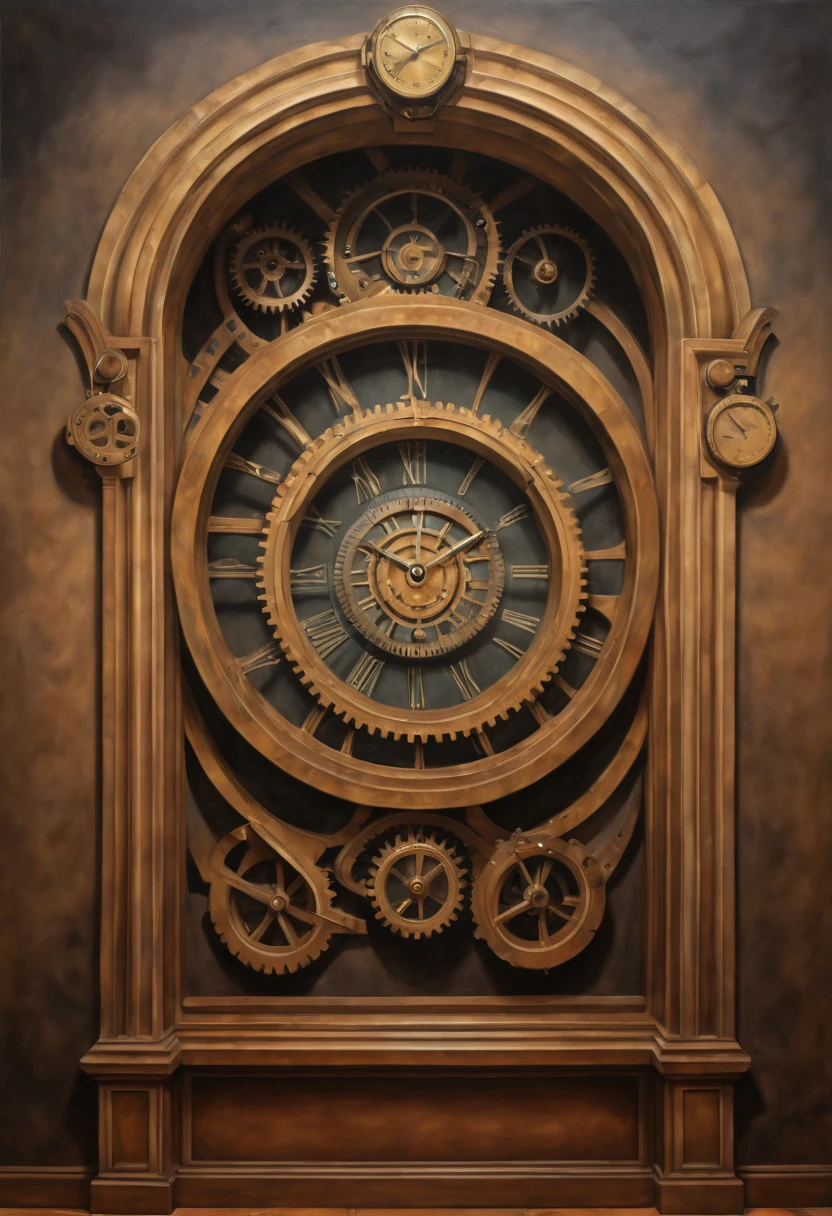optical illusion art, Trompe l'oeil painting, steampunk painted on the lobby wall, Surrealism, intricate, (best quality, masterpiece, Representative work, official art, Professional, 8k)