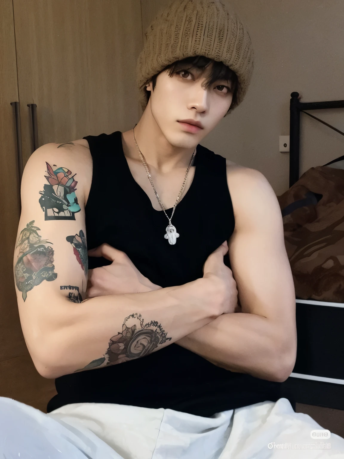 Kim Taehyung com tatuagens on his arms and arms crossed, Kim tae, sul-coreano, inspirado em Kim taehyung do grupo BTS, Androgenium, young androgynous, homem