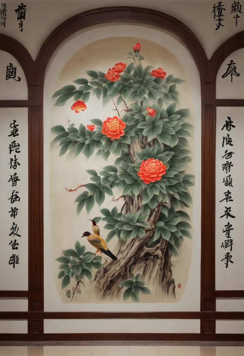 optical illusion art, Trompe l'oeil painting, painted on the lobby wall, by Qi Baishi and Chen Longque and Chen Dingbo, Surrealism, intricate, (best quality, masterpiece, Representative work, official art, Professional, 8k)