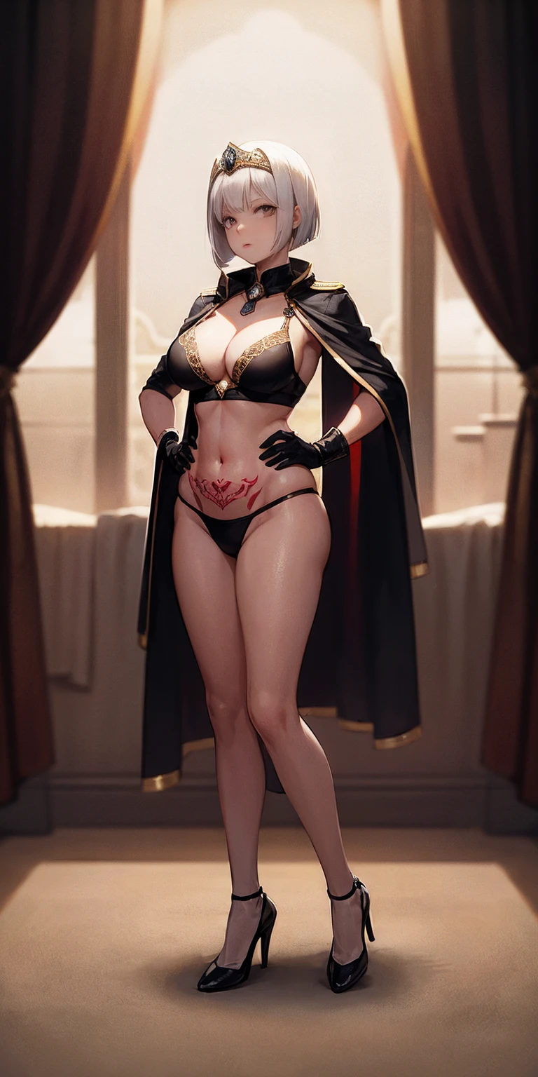 full body female (Warhammer Art Style, Adepta Sororitas, Battle Sister, White hair, bob haircut with bangs. 16k ultra hd, portrait), holding hands a bouquet (both hands) photorealistic, fullbody, bedroom background, royal bedroom, black gloves, black socks, tiara, white hair, laying down on bed, red cape, yellow bikini, high heels, raw photo, DSLR, 8k, 4k, UHD, DSLR, high quality, soft lighting, nikon, canon, hands on hips. red tattoo on belly