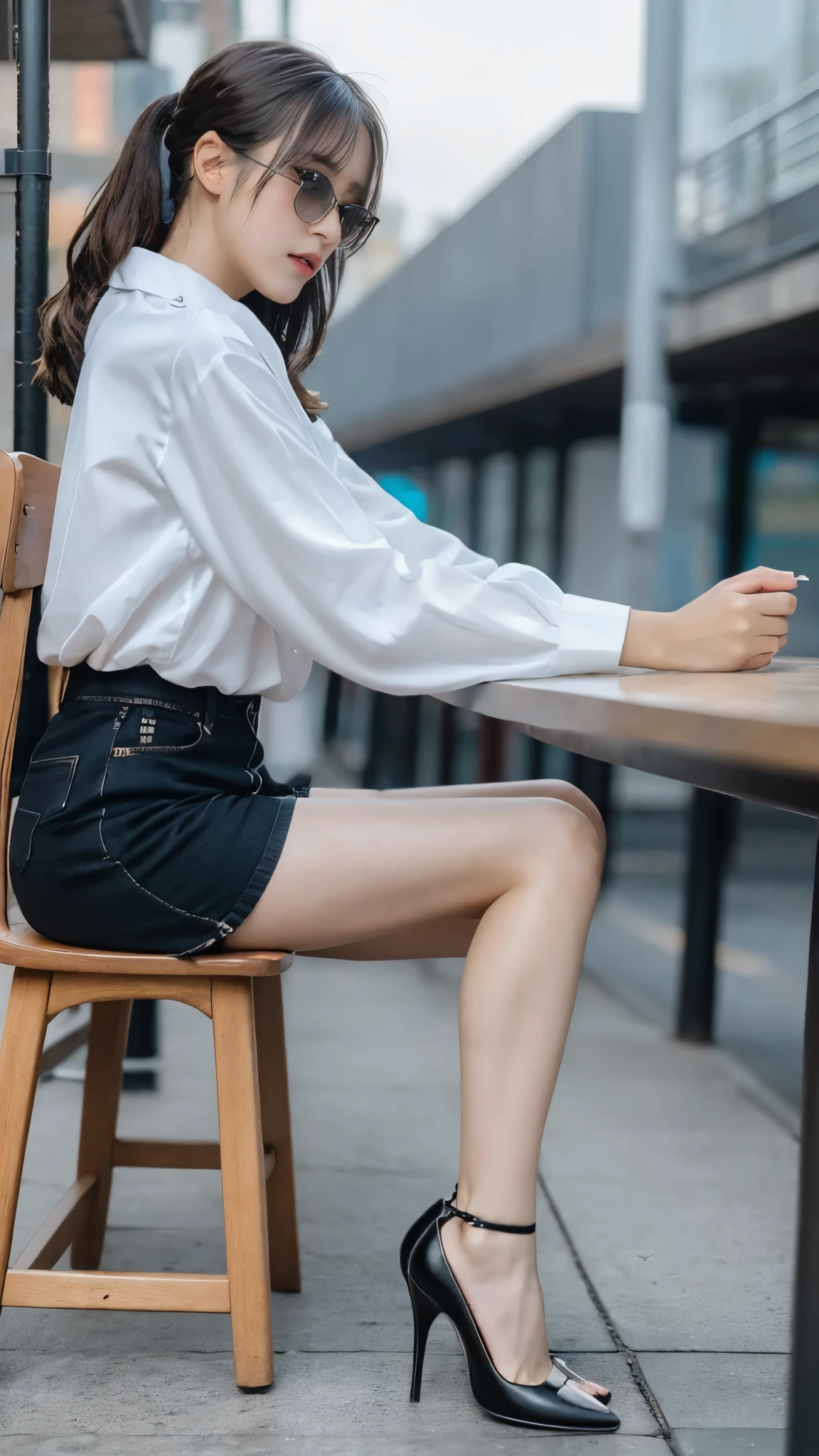 table top, highest quality, figure, super detailed, finely, High resolution, 8k wallpaper, 完璧なダイナミックな構figure, beautiful and fine eyes, woman's fashion fluffy winter clothes,Wearing sunglasses,medium hair,small breasts natural color lip, bold sexy pose、20 year old girl、cute、sexy shot looking at camera,RAW photo,anatomically correct body,blur the background,perfect and beautiful face,KPOP idol face,Slim face and body、Wearing a black miniskirt,Wearing black high heels,sitting in a chair,