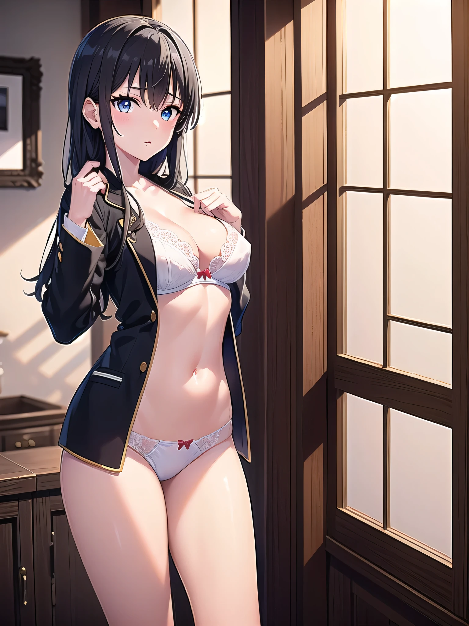 (A superb exquisite yukinoshitaYukino),(yukinoshitaYukino:1.5), (oregairuUniform:1.5), brown eyes, black hair, natural straight hair, straight bangs, solo, nature, extremely delicate, straight facial features, peerless beautiful girl, soft, (sensual face), ((ecchi face)), dreamy quality, exaggerated facial features, solid color, frank holly, delicate face, bright lips, slender waist, soft curves, real light and shadow, super fine, 4k, natural moving, Ultra high resolution, (masterpiece:1.2, best quality), (finely detailed beautiful eyes: 1.2), (beautiful detailed face), sexy semi-nude model, sexy pose, Ultra high definition white bra and panties, erect nipples,Medium chest, slender body, (bedroom),