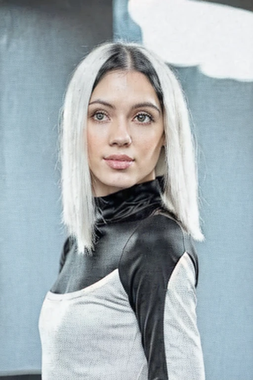 (half body postrait: 1.4) RAW 4k, beautiful girl 25 years old named Alyna, chin-length hair, white hair in front, black hair in back, glamour dressed, portrait, Realism,  ccurate, 