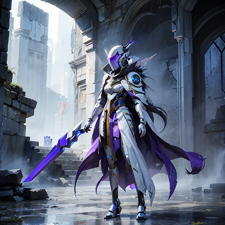 cyberfusion, ((female paladin robot cyborg)) white armor, white metal mask, wearing purple cloak, in ancient stone ruins, full body, metal tentacle hair,