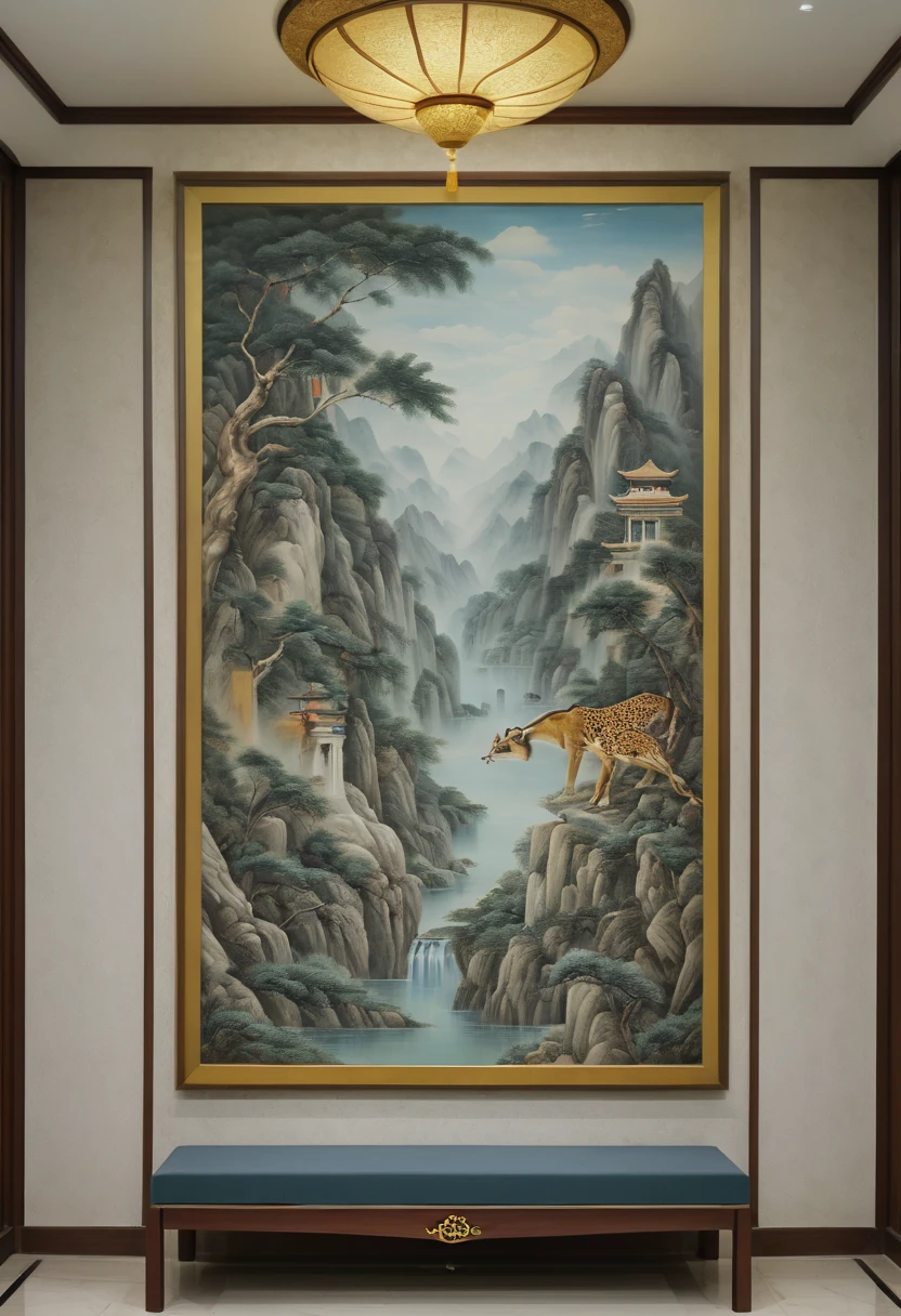 optical illusion art, Trompe l'oeil painting, painted on the lobby wall, by zhang daqian and Gu An and bao pnan, Surrealism, intricate, (best quality, masterpiece, Representative work, official art, Professional, 8k)
