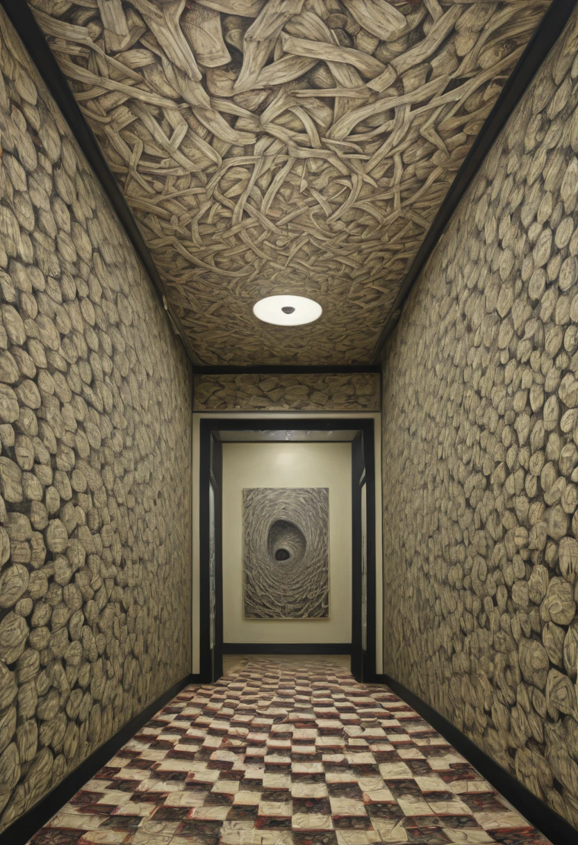optical illusion art, Trompe l'oeil painting, painted on the lobby wall, by Junji Ito, Surrealism, intricate, (best quality, masterpiece, Representative work, official art, Professional, 8k)