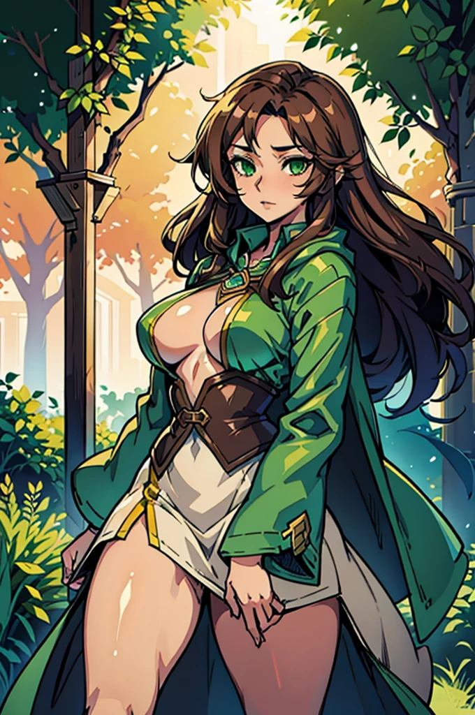 A Beautiful Woman with long brown hair, green eyes and fair skin wearing a green riding cloak.