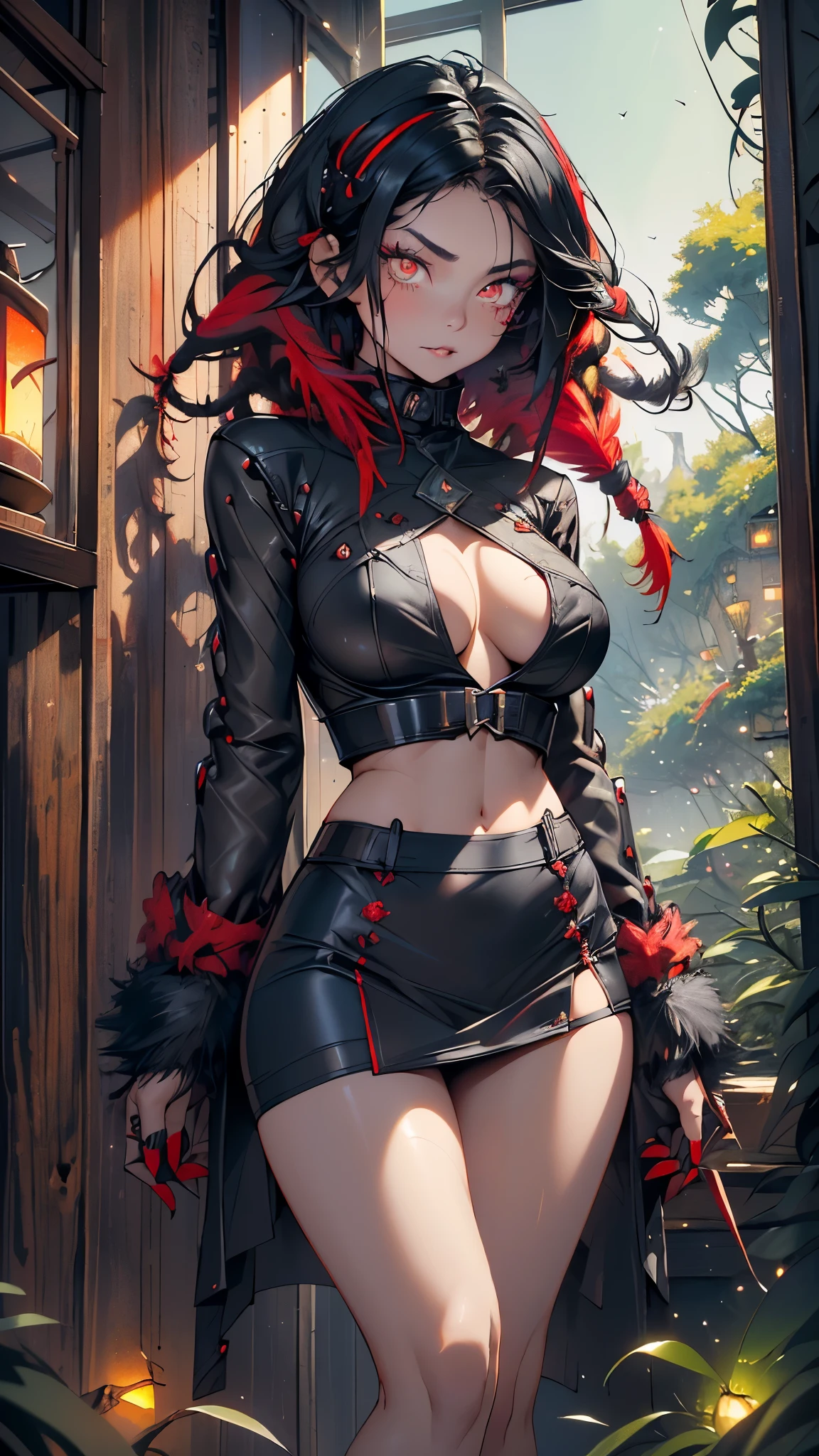 gothic reindeer girl,(((1girl))),((extremely cute and beautiful black hair with red streaks anime gothic reindeer girl)),

(((anthro furry:1.2), Playboy_Reindeer, reindeer_antlers,(huge antlers:1.2,dear antlers:1.2,blooming antlers:1.2))),(large breasts:1.4),saggy breasts,((((black hair with red streaks:1.5,short hair,dreadlocks black hair:1.5)))),(((red_eyes:1.3))),intricate eyes,beautiful detailed eyes,symmetrical eyes,big eyes:1.5),(((lustrous skin:1.5,bright skin: 1.5,skin tanned,shiny skin,very shiny skin,shiny body,plastic glitter skin,exaggerated shiny skin,illuminated skin))),(spider lower abdomen,narrow waist,wide hip,athletic body,inflated legs,thick thighs,detailed body,(detailed face)),

cute,slutty,seductive,erotic,(((nsfw))),

zettai ryouiki,revealing clothing,show skin,(((Sexy goth fur coat, goth fur coat outfit, wearing a goth fur coat:1.3,dark red winter coat))),((red goth mini-skirt,red goth mini skirt with furry edge,visible thong straps, navel)),((underpants strap)),(red gothic clothes,semi-naked,with little goth clothing),((((Black Eyeshadow,Thick Black Eyeliner,Long Dramatic Eyelashes,Black Lips))),(((intricate outfit,intricate clothes,embroidered outfit,ornate outfit))),

(dynamic pose:1.0),embarrassed,(centered,scale to fit dimensions,Rule of thirds),

((((many fireflies,fireflies,glowing fireflies,fireflies in the background)))),

((snowy pine forest)),winter,scenery:1.25,((intricate scenery)),((snow forest background)),Christmas tree,

(Glossy winter ornaments),highres,sharp focus,(ultra detailed,extremely detailed),(photorealistic artwork:1.37),(extremely detailed CG unity 8k wallpaper),(((vibrant colors,vibrant theme))),(intricate),(masterpiece),(best quality),
