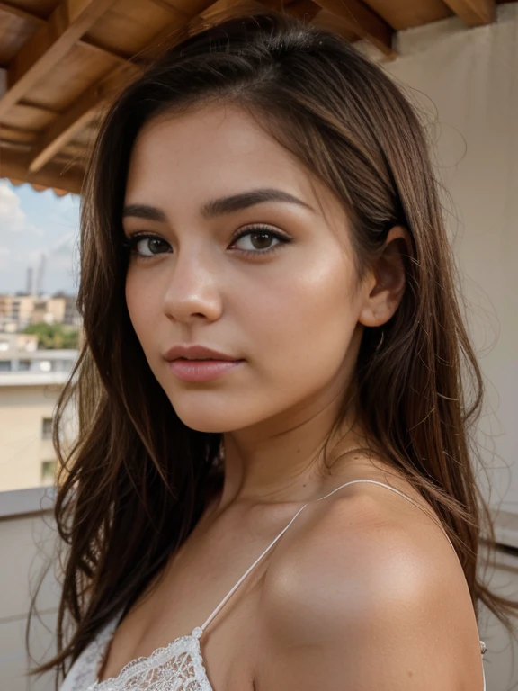 Photo of a 20 year old brunette woman., que tiene una cara muy natural, labios delgados, ojos delgados, cejas finas, nariz fina, pendientes, long eyelashes. se hace una foto en un edificio en la terraza sin brasier ni calzon, senos y vagina