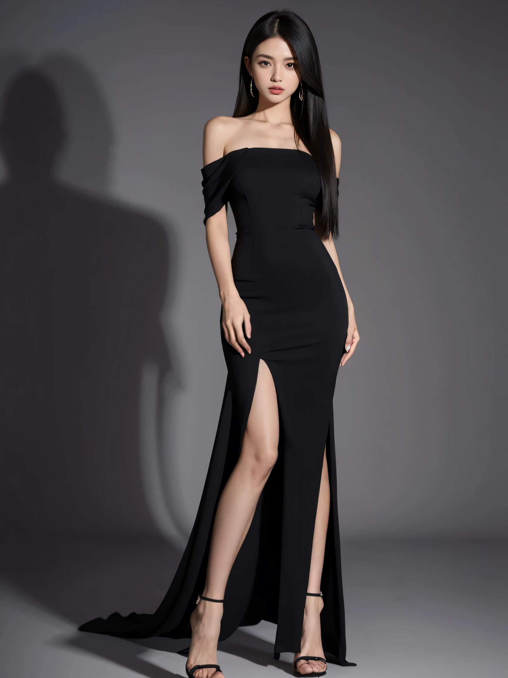 best quality,masterpiece,ultra high resolution,(actual:1.4),original photo,ultra high definition，8K，there is a girl，fashionable clothes,cool outfit，black dress，High heel，Long black over-the-shoulder hair，straight hair，Stylish skinny suit, high-class fashion，Cool sassy