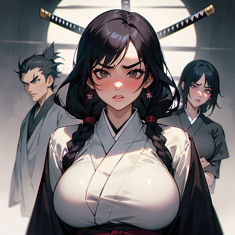 SFW, anime woman, short black hair, sharp features samurai, daimyo, traditional samurai armour, chinese armour, red surcoat, katana, increadibly long katana, indoors, evening, looking down at camera, imposing presence