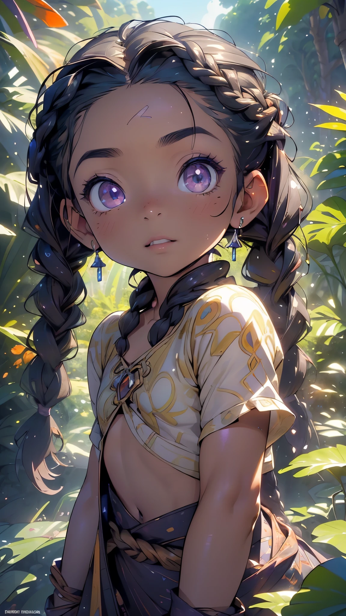 little  tribal,(((little ,small tiny body,,chibi,small))),(((6 years old))),(((1 toddler:1.4))),(baby face),(round face),(little chest),(big forhead:1.2),(beautiful big eyes:1.3),extremely detailed cute anime face,

(((flat chest))),((((long twin braids,tight braids,long braid,braided hair,long hime cut,dark hair,black hair,colored inner hair)))),(((purple_eyes:1.3))),intricate eyes,beautiful detailed eyes,symmetrical eyes,(big eyes:1.5),((((lustrous skin:1.5,tanned skin,bright skin: 1.5,skin tanned,shiny skin,very shiny skin,shiny body,Reflective skin)))),(((detailed face))),beautiful detailed lips,

(cute,kawaii,(nsfw)),🦄,🌈,

🟣🟠🟡,golden yellow,rich purple,amber orange, 🌻🌞✨️,  🏜🏝🌅,  intricate patterned robes, hair beads,beige crop top,navel,loose light loincloth,((wet clothes,intricate clothes)),

dynamic pose,looking at viewer,embarrassed,centered,scale to fit dimensions,Rule of thirds,

outdoors,overgrown,(overgrown background,glowing crystals,bioluminescent plant),scenery,extremely scenery,(((glowing crystals,bioluminescent plants))),(puddles everywhere,moss,moss on the background),clouds,lily pads,palms,reeds,(sunset, golden hour),

(Glossy Egyptian ornaments),highres,sharp focus,(ultra detailed,extremely detailed),(photorealistic artwork:1.37),(extremely detailed CG unity 8k wallpaper),(((vibrant colors,vibrant theme))),(intricate),(masterpiece),(best quality),
