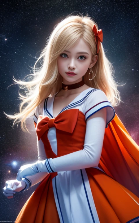 ((HD Real, SAMA1 level)), Extreme Real, masterpiece, highest quality, High resolution, SAMA1, space, stunning beauty, Upper body shot, 1 girl, chest, gloves, lips, alone, Sailor venus, light blue eyes, SM uniform, See more1, tiara, Sailor Senshi Uniform, (RAW photo, highest quality), masterpiece, floating long blonde hair, Red ribbon on the back of the head, orangeセーラーカラー, bow, choker, 白いgloves, orange choker, elbow gloves, jewelry, earrings, orange skirt, only, whole body, blonde hair, (perfect hands): 3.8, octane rendering, Goddess of Love, (close: 1.2) Beautiful detailed eyes, close, small eyes, look viewer, to8 contrast style, Octane line art, space background, venus, light effect, orange, Beautiful smile, Lowered hand