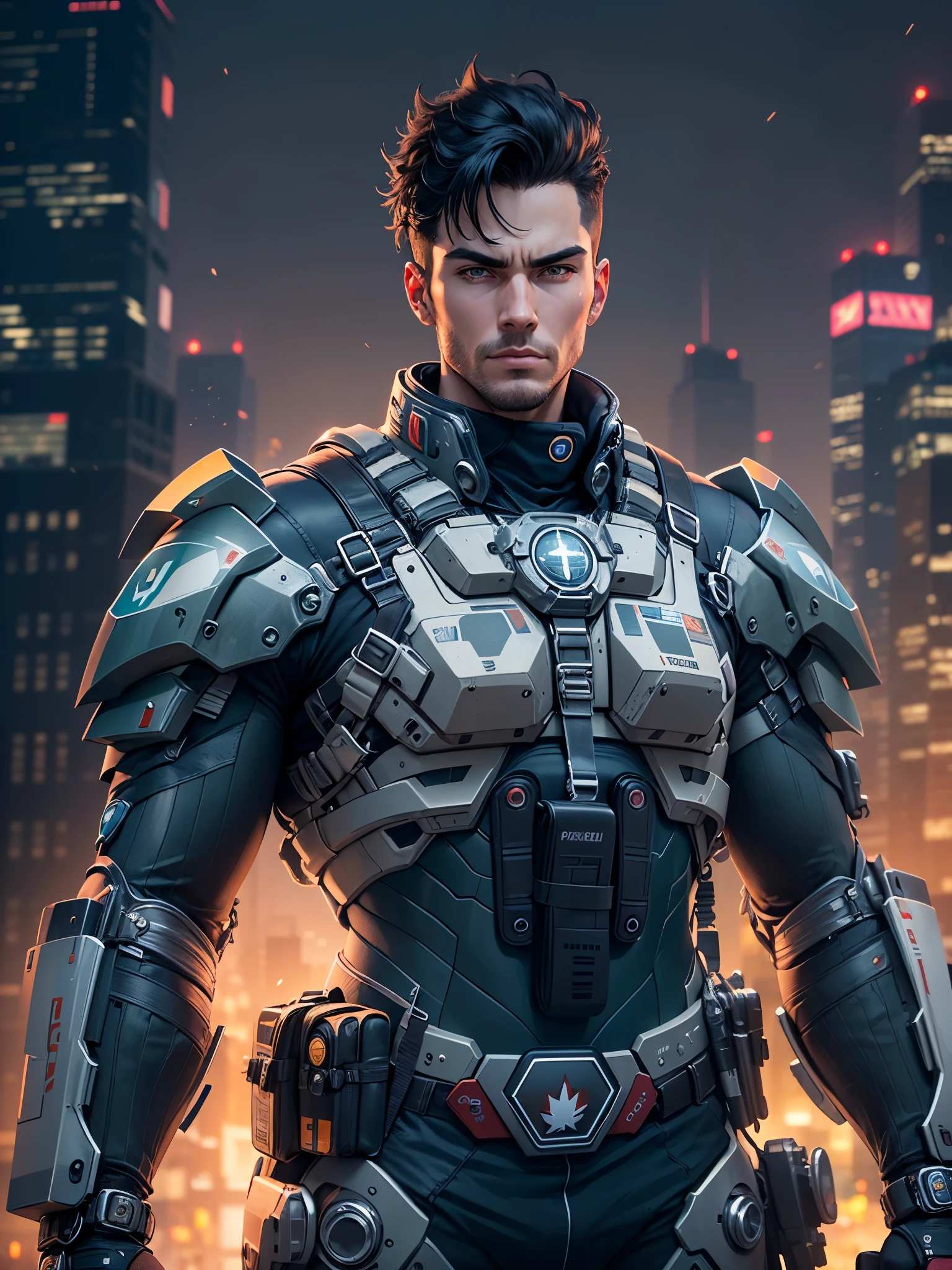(((pixel-perfect, detail-perfect))), 1boy, male focus, solo focus, mature adult, age 30, canadian police officer, cyborg, muscular, cybernetic battle suit, black hair, dark purple eyes, in front of a patrol cruiser, toronto city backdrop, cowboy shot, sunset, excited look, ready for battle, front view