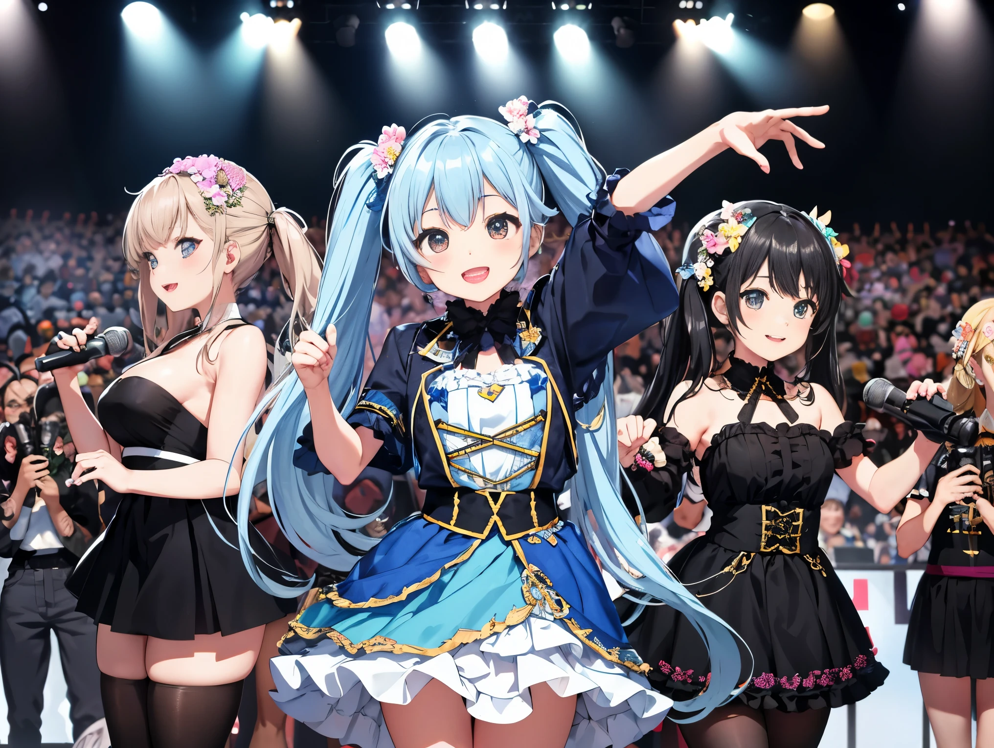 (Best Picture Quality, 4K, High Quality, Masterpiece:1.2), ((Masterpiece)), High Detail, High Quality, (HDR,16k, RAW Beautiful Girl Portrait, Best Picture Quality, Masterpiece::1. 2), (Ultra-Definition Illustration), nsfw, idolmaster, idol costume, , spotlight, extremely cute, colorful hair color, various hair style, sleeveless, detached sleeves, colorful frilled dress, tiara, stage, showing armpits, pant, squatting, spread leest,