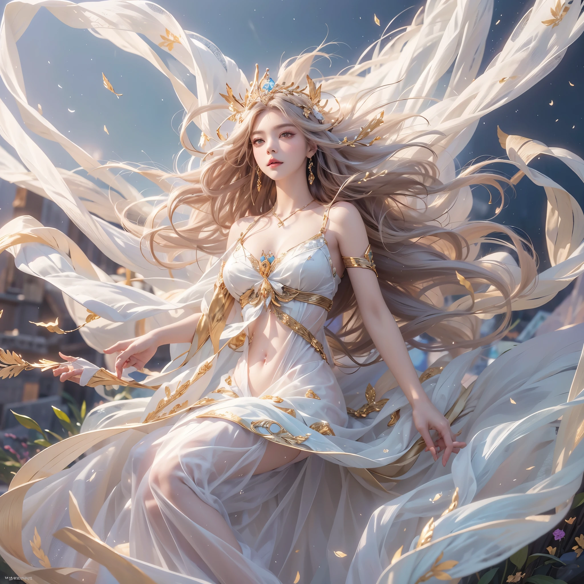 "(masterpiece, top quality: 1.2), official art, Goddess of the wind, Long and elegant cascading hair, Elegantly suspended in mid-air, Wearing silk robe，Flying with the gentle breeze, Eye (Eye of Aeolus: 1.3), Breeze adorns the crown, (Ethereal white tones: 1.1), (Realistic lighting effects, digital image conversion: 1.5), (Wind magic, air control: 1.4), Capture the magic of fantasy.",Plump breasts, (Transparent top)