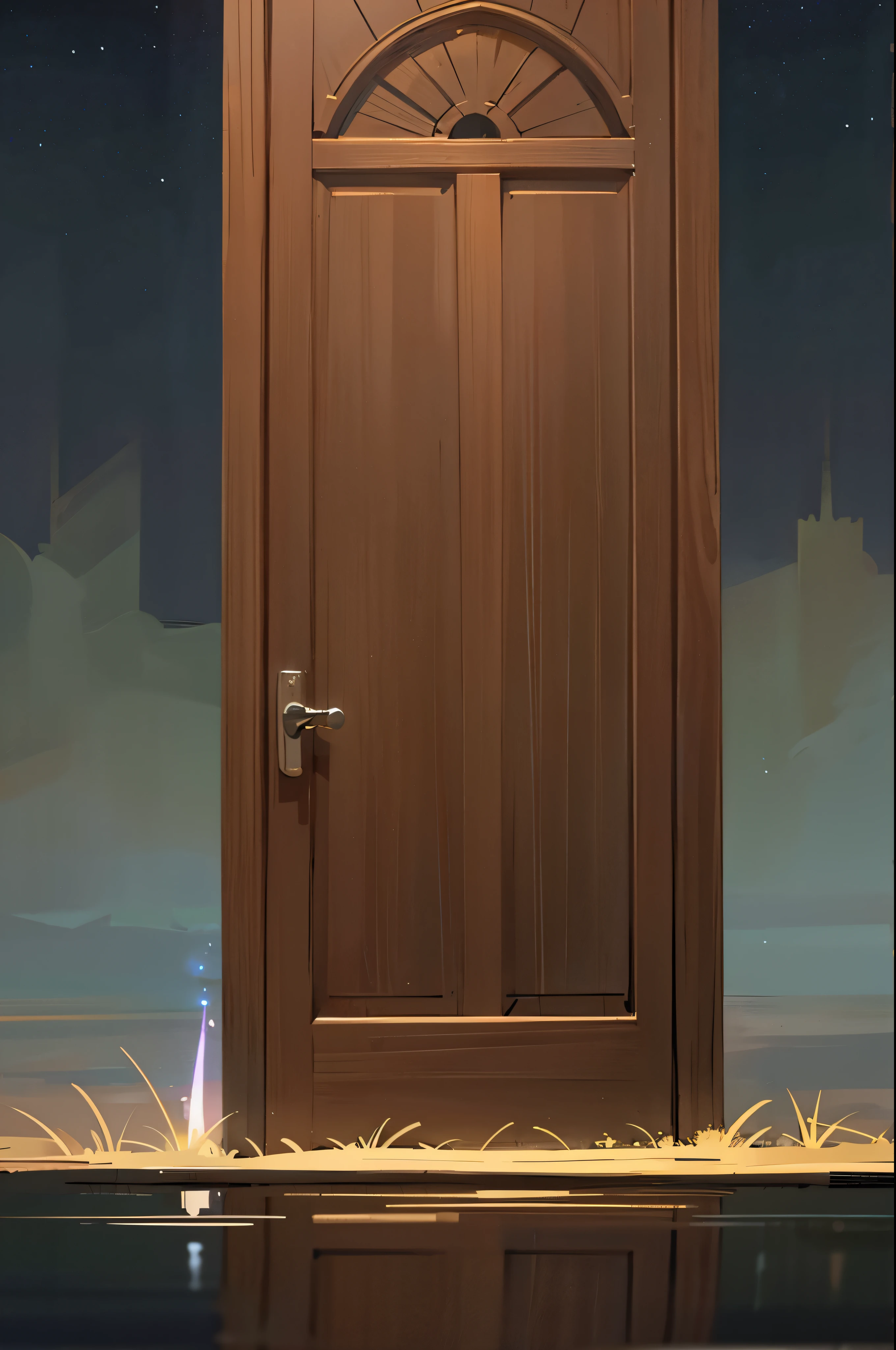 an oak door standing alone in the middle of the dark night sky, reflection of the night sky on the ground as if the ground is a calm water surface with no disturbances.