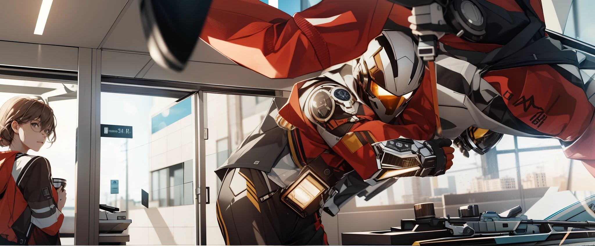 Capture the breathtaking moment as a superhero is metal from the waist up, picks up and throws a young, dark-skinned man wearing glasses, dressed in a crisp white windbreaker hoodie through a window. This RAW masterpiece showcases an ultra-high resolution, photorealistic full-body portrait, illuminated by the warm glow of sunlight. The scene is rendered in the captivating style of mecha sci-fi anime, boasting an impressive 8K resolution for the best quality imagery. Crafted with Unreal Engine 1.4, this piece features ultra-realistic 64K CG, skin texture at 1.4, and volumetric fog to add depth and atmosphere. The details are further enhanced with 8K UHD, DSLR quality, film grain, and the artistic touch of lomography. The result is a stunning blend of high-quality visuals, translucent effects, and photorealism that truly captivates the viewer.