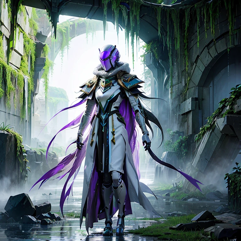 cyberfusion, ((female paladin robot cyborg)) white armor, white metal mask, purple cloak, in ancient stone ruins, full body, fuul body armor, metal tentacle hair, overgrown vines, mossy, small waterfall