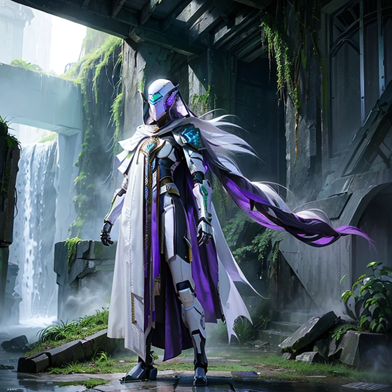 cyberfusion, ((female paladin robot cyborg)) white armor, white metal mask, purple cloak, in ancient stone ruins, full body, fuul body armor, metal tentacle hair, overgrown vines, mossy, small waterfall