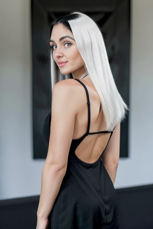 (full body postrait: 1.4) RAW 4k, beautiful girl 25 years old named Alyna, chin-length hair, white hair in front, black hair in back, black dress, portrait, Realism, ccurate,