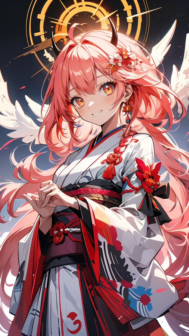 A girl with a white horn growing on her forehead(demon and half girl),(best quality, masterpiece:1.2), 3D rendering, High resolution, Images with outstanding details, bright and vibrant colors, beautiful scenery, Advanced lighting effects, beautiful and delicate flowers, elaborate texture, Extremely clear depiction, Natural light, dreamy atmosphere, The rainbow in the sky shines, multiple exposure effect, dramatic contrast, Mr.々Shading, Vibrant colors, monochrome, warm tones, Light tones, Warm colors, Calm colors, warm shades, Filled with soft light,Miko costume,kimono,kimono,Braid,long hair,Light pink hair color,A happy smile,Make your face clear,noticeable ahoge,grinning grin,,,,