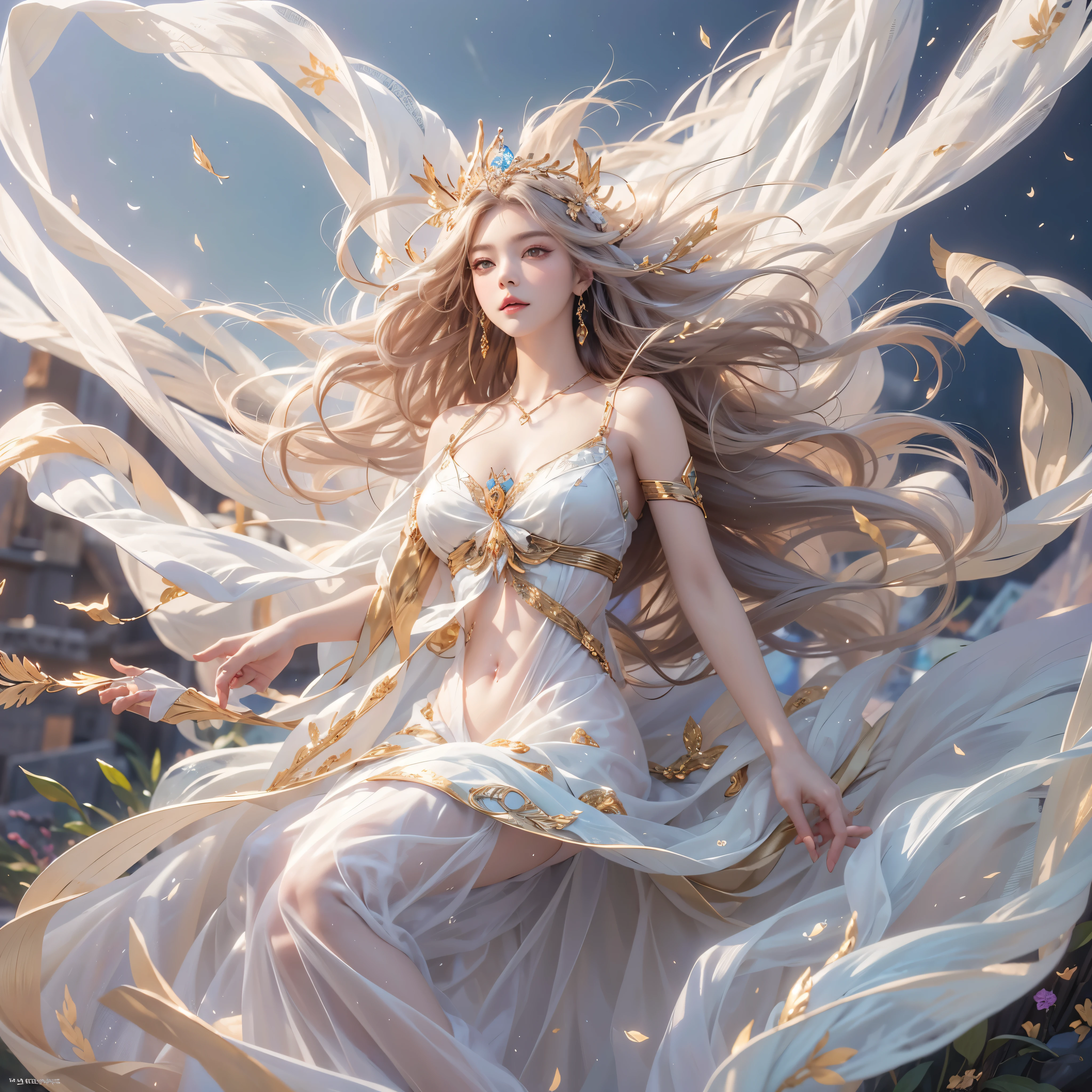"(masterpiece, top quality: 1.2), official art, Goddess of the wind, Long and elegant cascading hair, suspended gracefully in mid-air, Wearing a silk robe，Flying on the gentle breeze, Eye (Eye of Aeolus: 1.3), breeze decorative crown, (Ethereal white tone: 1.1), (Realistic lighting effects, digital image conversion: 1.5), (Wind magic, air control: 1.4), Capturing the magic of fantasy.",plump breasts, (transparent top)