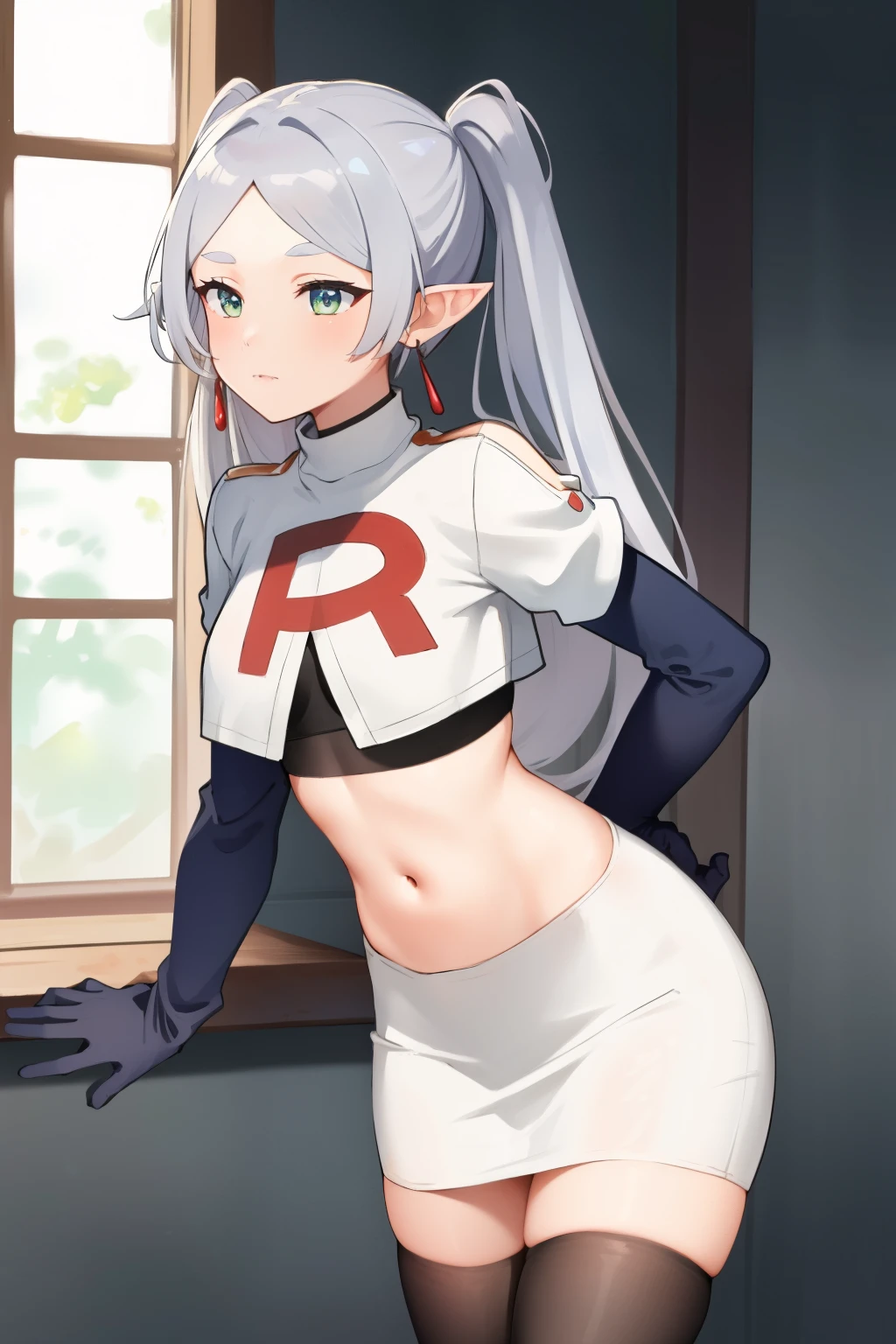 (masterpiece, best quality),  intricate details,
1girl,     frieren, long hair, pointy ears, jewelry, earrings, twintails, parted bangs, team rocket,team rocket uniform,white skirt,crop top,black thigh-highs,black elbow gloves,