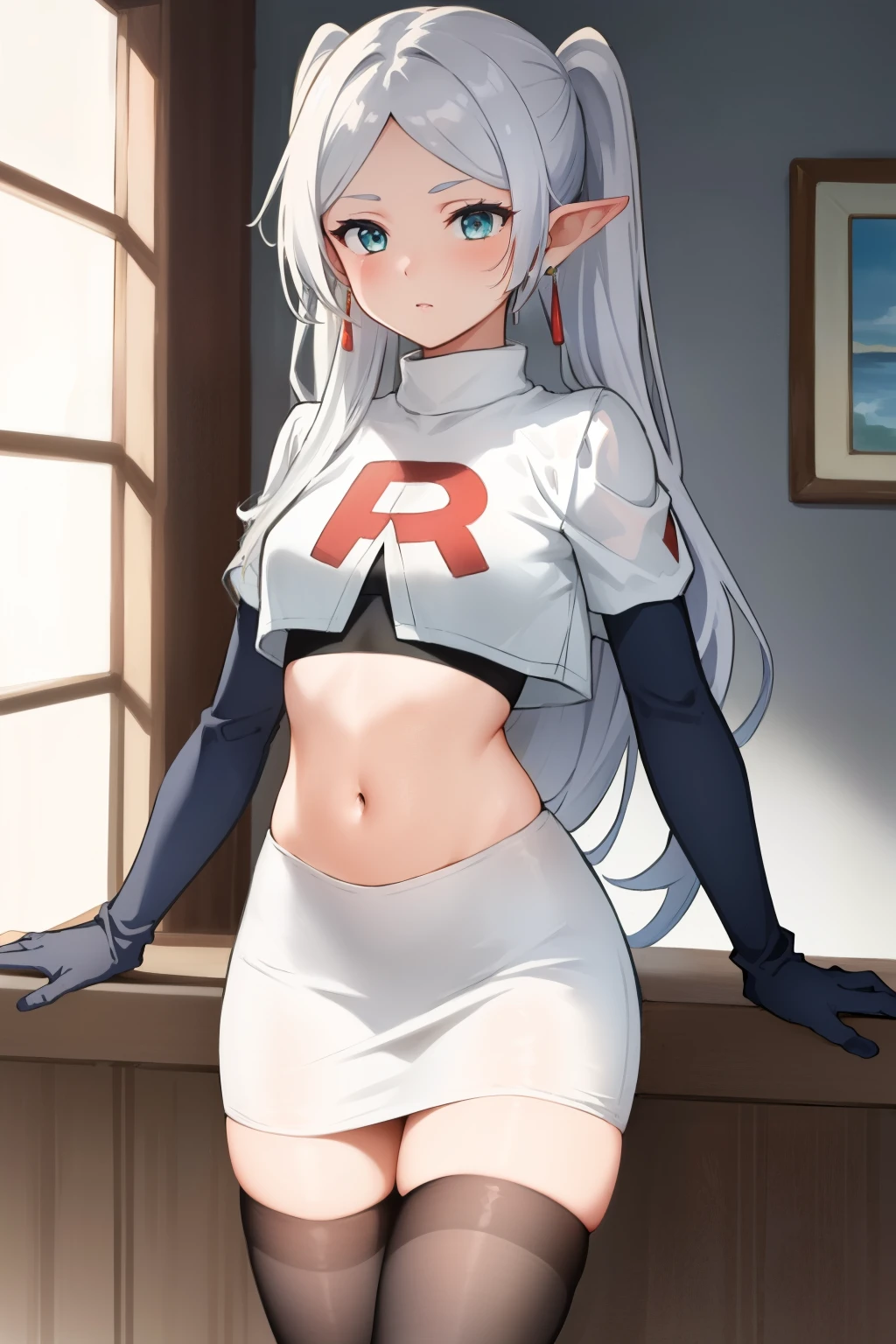 (masterpiece, best quality),  intricate details,
1girl,     frieren, long hair, pointy ears, jewelry, earrings, twintails, parted bangs, team rocket,team rocket uniform,white skirt,crop top,black thigh-highs,black elbow gloves,