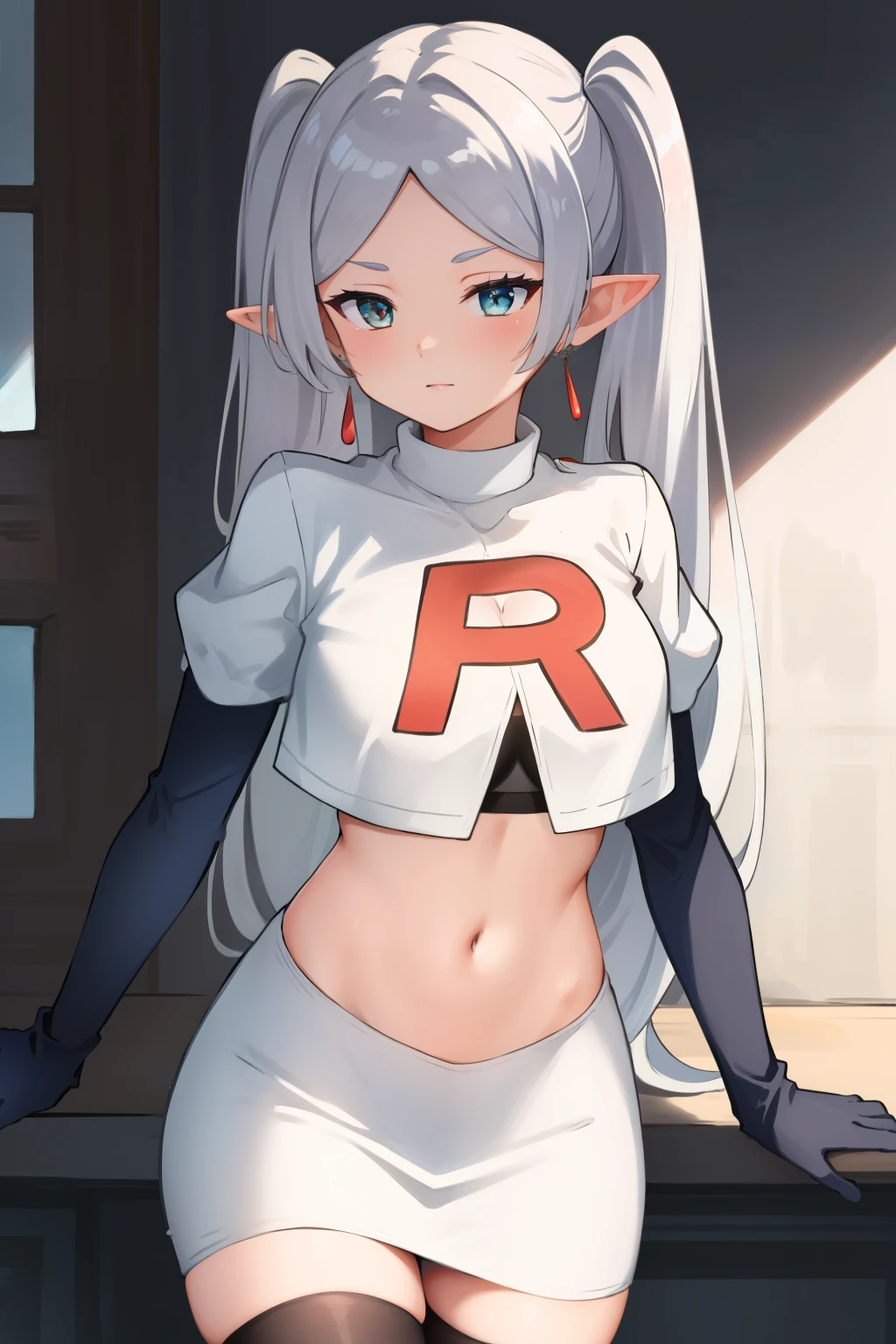 (masterpiece, best quality),  intricate details,
1girl,     frieren, long hair, pointy ears, jewelry, earrings, twintails, parted bangs, team rocket,team rocket uniform,white skirt,crop top,black thigh-highs,black elbow gloves,