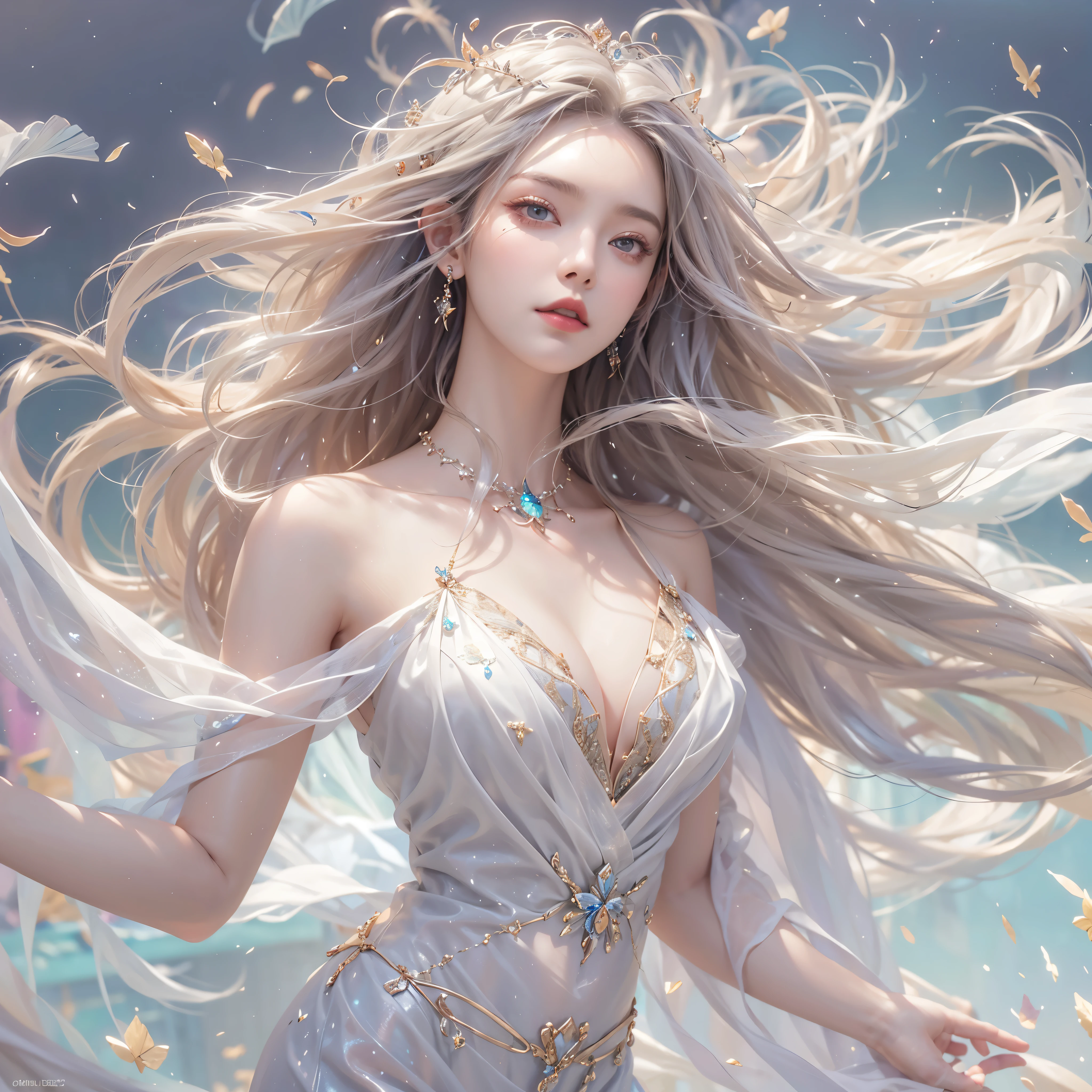 "(masterpiece, top quality: 1.2), official art, Goddess of the wind, Long and elegant cascading hair, suspended gracefully in mid-air, Wearing a silk robe,Flying on the gentle breeze, Eye (Eye of Aeolus: 1.3), breeze decorative crown, (Ethereal white tone: 1.1), (Realistic lighting effects, digital image conversion: 1.5), (Wind magic, air control: 1.4), Capturing the magic of fantasy.",plump breasts, (transparent top)