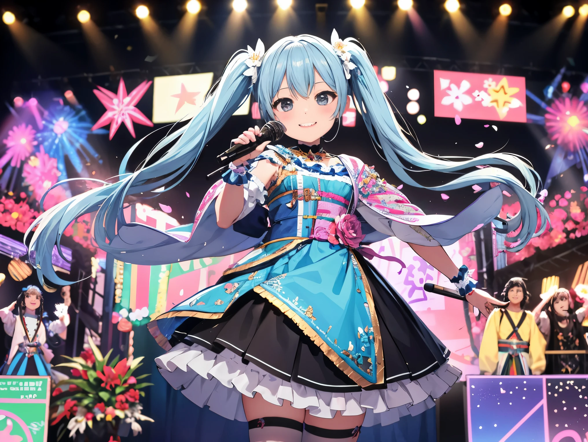 Packed crowd　Singing happily on a stage decorated with flowers　light blue long hair　twin tails　adorable smile　black eye　Gorgeous stage costumes