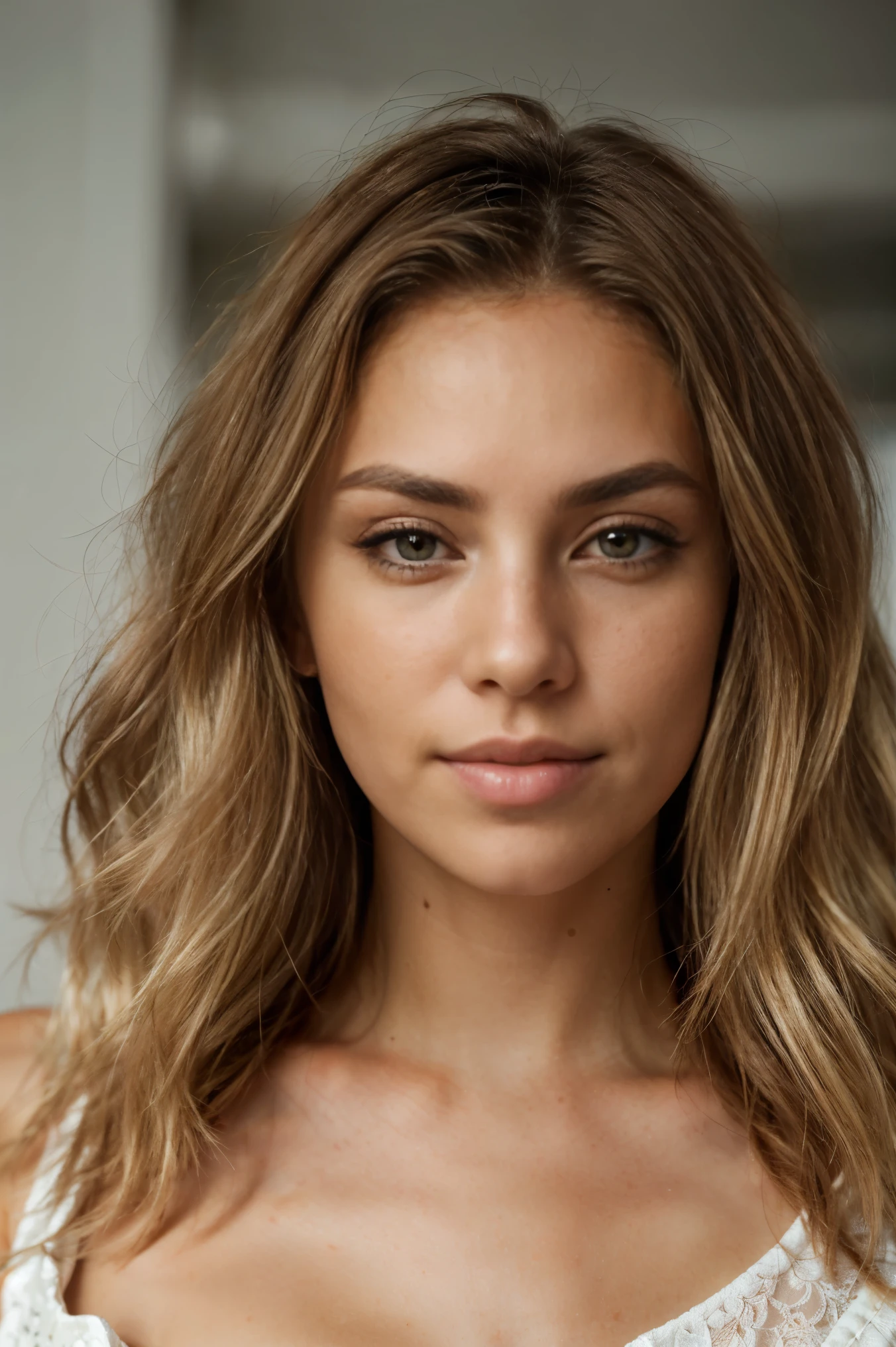 (RAW close-up portrait) of 24-year-old blonde, natural blonde long wavy hair framing a face radiating grace, (blonde hair ), locks, wavy, highlights, wavy, (brown eyed woman) ,natural breasts_b, ( Red summer dress), (cropped) , detailed (textures!, hair!, brightness, color!, imperfections: 1.1), very detailed bright eyes, (Looking straight at camera), spotlight, DSLR, ultra quality, sharp focus, sharp , DOF, film grain, (centered ), Fujifilm KST3, crystal clear, center of frame, sweet face, sharp focus, (BIG lips), face like irina shayk, ((face straight towards the camera)), sexy eyes,