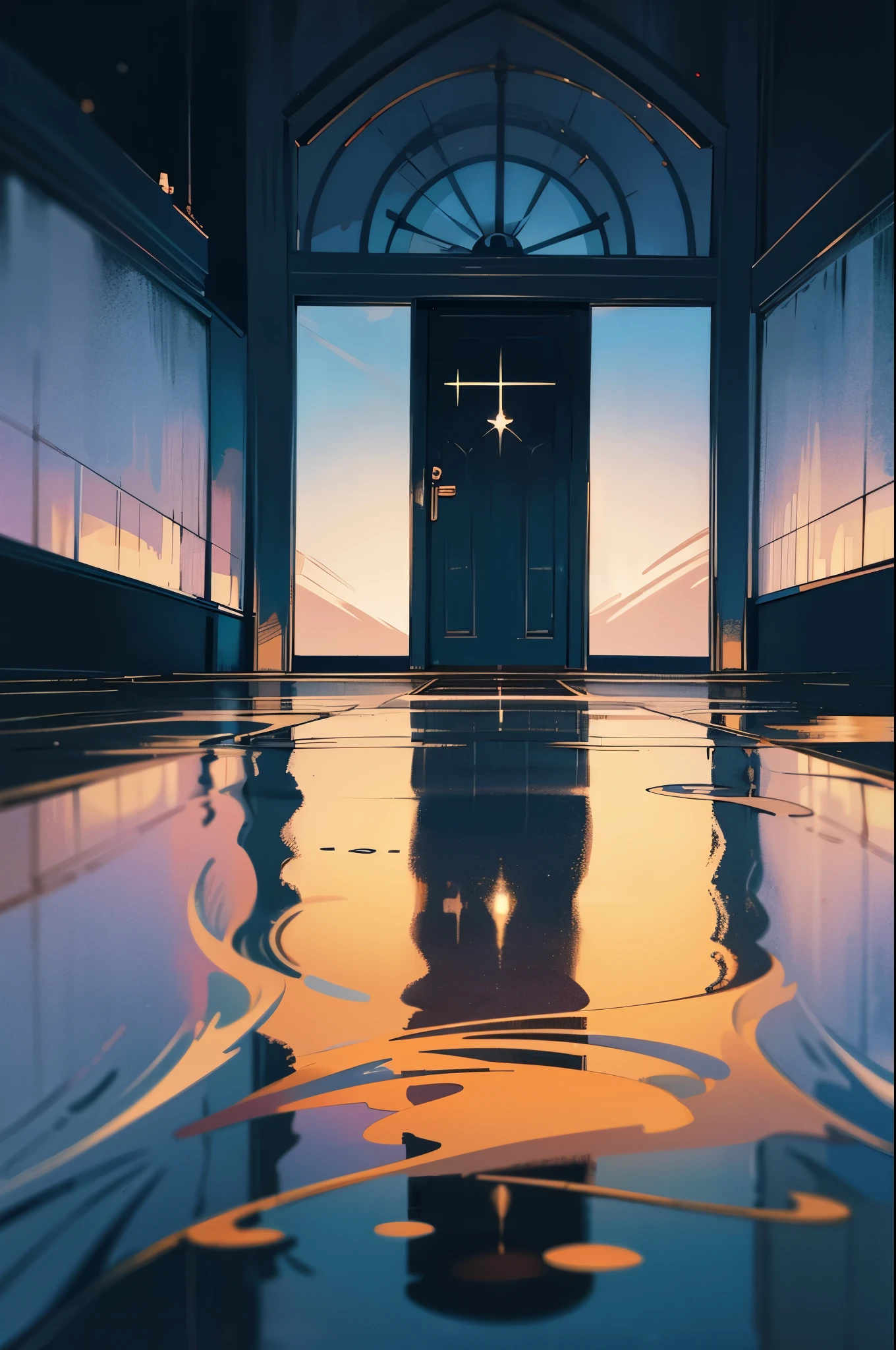 adoor standing alone in the middle of the dark night sky, a reflection of the night sky on the ground as if the ground is a calm water surface with no disturbances. a letter being placed on the surface of the water in front of the door
