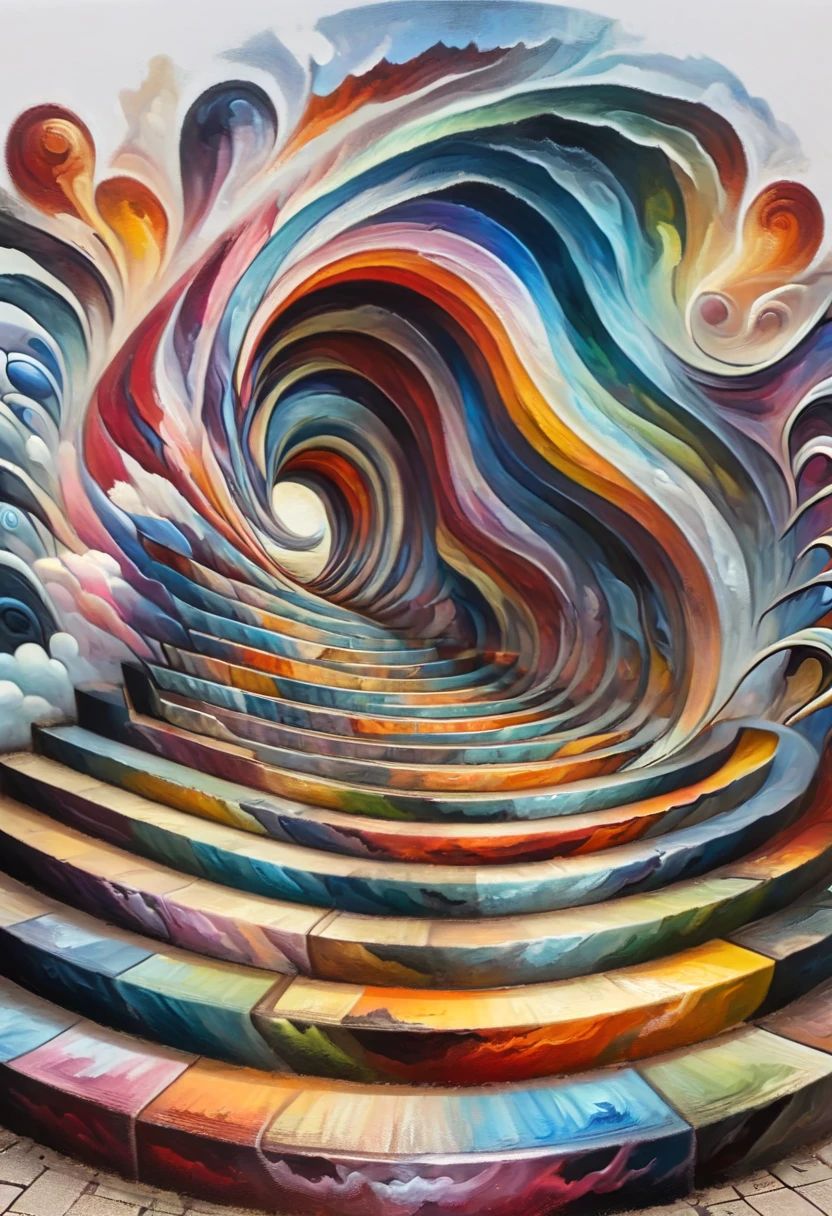 optical illusion art, Trompe l'oeil painting, stair-art, Surrealism, intricate, (best quality, masterpiece, Representative work, official art, Professional, 8k), ral-colorswirl