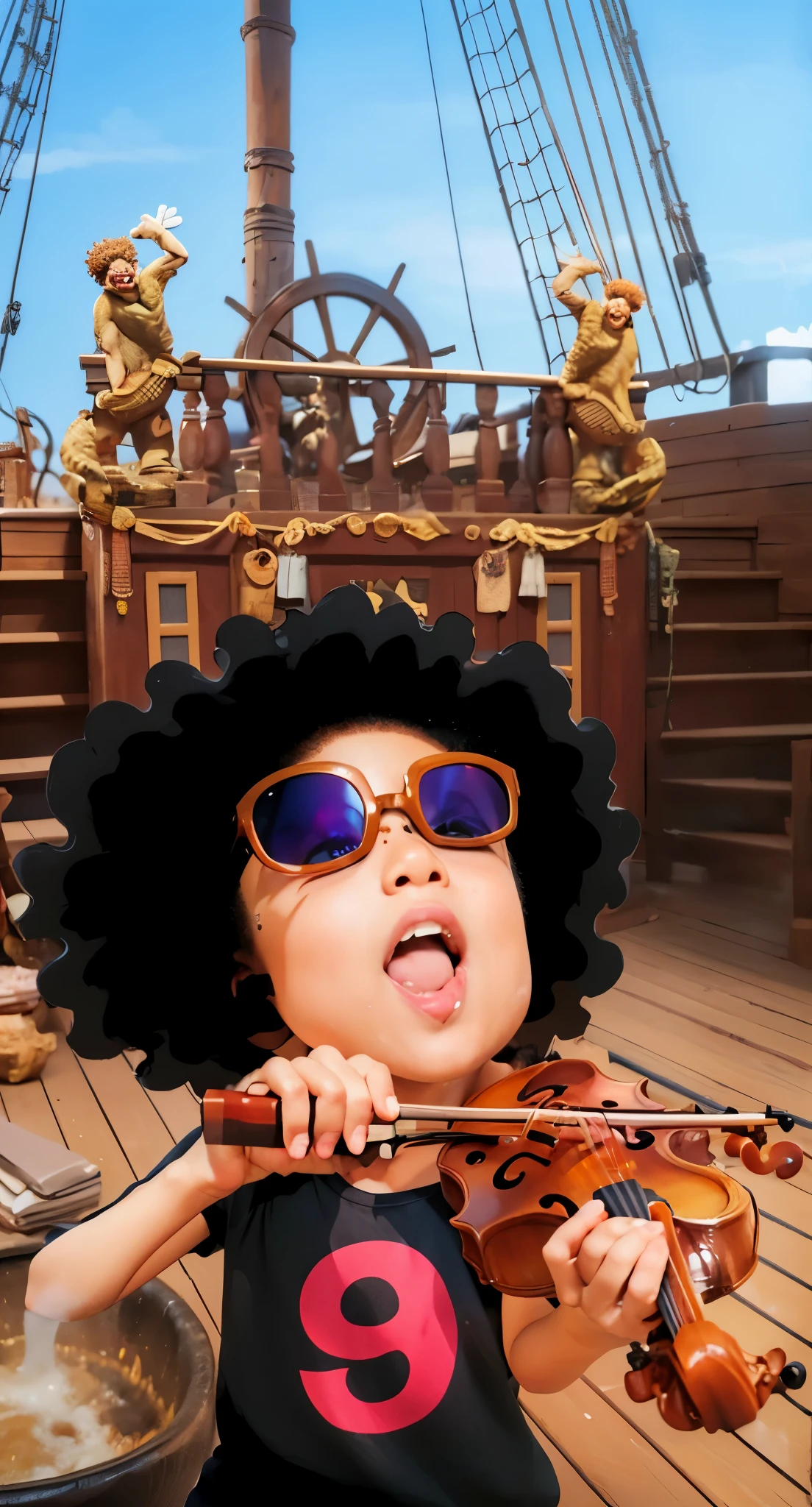Real life adaption of this character , The handsome face of a little boy, brown skin, laughing expression, realistic same thick afro hair , (realistic same outfit), wearing same glasses,pose playing violin,realistic background , realistic light, realistic shadow, realism, hyper realistic,(photorealistic:1.2), normal small eyes,